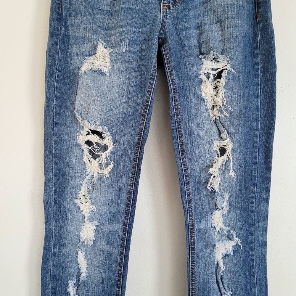 Y2K Distressed Ripped Low Rise Jeans Medium Wash Grunge Indigo Rein // Size 3 - Picture 3 of 9
